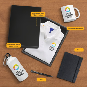 Polo T-Shirt, Water Bottle, Coffee Mug, Dairy, Pen